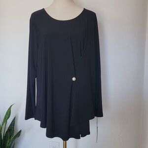 Last Tango Women's Long Sleeve Office Blouse Pearl Button Black Hi Low Size XL